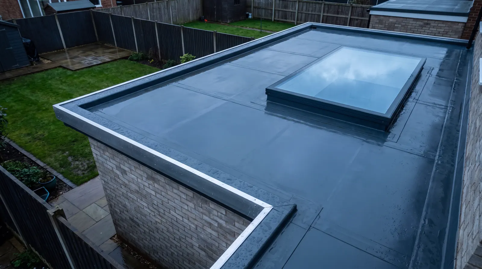 New flat roof with roof lantern on a modern extension