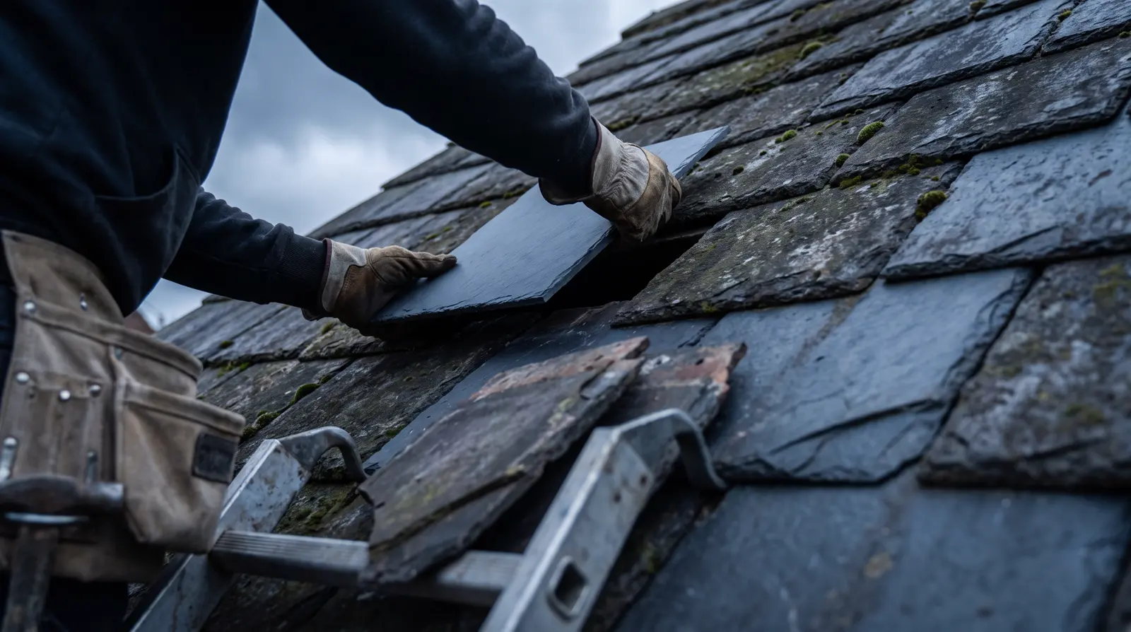 Roofer fitting a replacement tile on a house roof